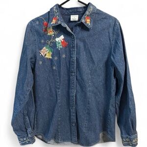 Westbound Denim Shirt Medium | Embroidered Christmas Bells & Snowflakes❄️🎄